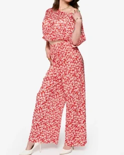 Royalfashion Czerwony damski plisowany komplet w kwiatki