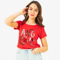 Royalfashion Czerwony damski t-shirt z napisem z cekinów