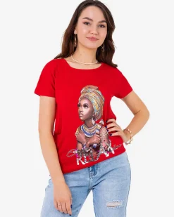 Royalfashion Czerwony damski t-shirt z kolorowym printem i cekinami
