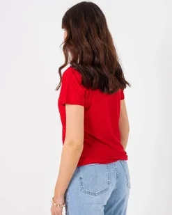 Royalfashion Czerwony damski t-shirt z kolorowym printem i cekinami