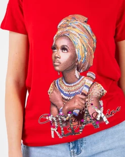 Royalfashion Czerwony damski t-shirt z kolorowym printem i cekinami