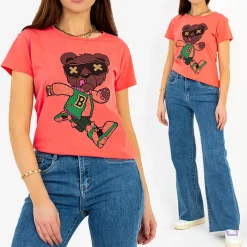 Royalfashion Damska koralowa koszulka z nadrukiem