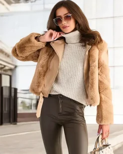 Royalfashion Damska kurtka typu ramoneska z eko skóra z futerkiem