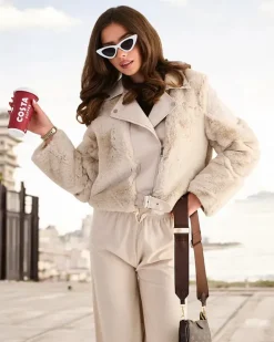 Royalfashion Damska kurtka typu ramoneska z eko skóra z futerkiem