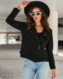 Royalfashion Damska kurtka typu ramoneska z eko-zamszu z kieszeniami