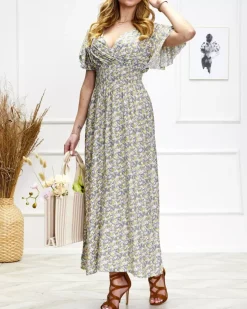 Royalfashion Damska kwiecista sukienka midi w fioletowym kolorze