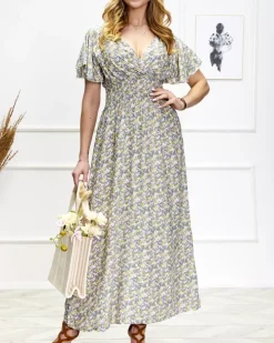 Royalfashion Damska kwiecista sukienka midi w fioletowym kolorze