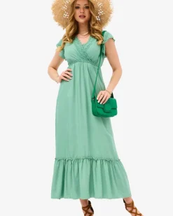 Royalfashion Damska zielona długa sukienka z koronką