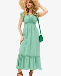 Royalfashion Damska zielona długa sukienka z koronką