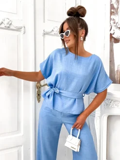 Royalfashion Damski komplet z bluzką z krótkim rękawem i szerokimi spodniami