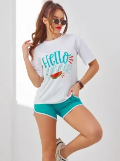 Royalfashion Damski komplet sportowy z t-shirtem i krótkimi spodenkami Hello Summer