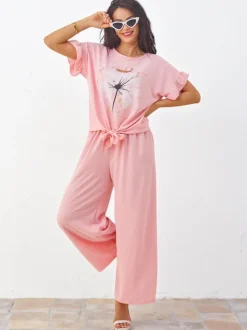 Royalfashion Damski komplet casualowy z bluzką z krótkim rękawem i szerokimi spodniami