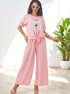 Royalfashion Damski komplet casualowy z bluzką z krótkim rękawem i szerokimi spodniami