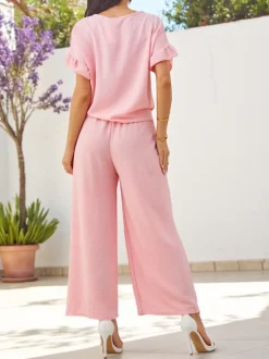 Royalfashion Damski komplet casualowy z bluzką z krótkim rękawem i szerokimi spodniami