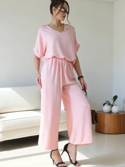 Royalfashion Damski komplet casualowy z bluzką z krótkim rękawem i szerokimi spodniami