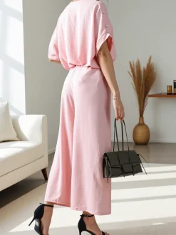 Royalfashion Damski komplet casualowy z bluzką z krótkim rękawem i szerokimi spodniami