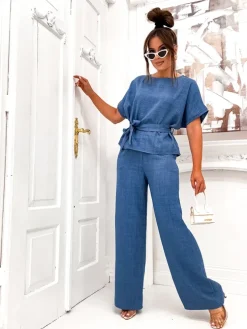 Royalfashion Damski komplet z bluzką z krótkim rękawem i szerokimi spodniami