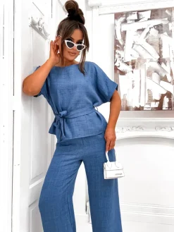 Royalfashion Damski komplet z bluzką z krótkim rękawem i szerokimi spodniami