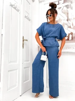 Royalfashion Damski komplet z bluzką z krótkim rękawem i szerokimi spodniami