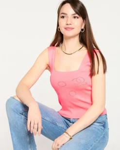 Royalfashion Damski neonowy różowy top ze złotymi cyrkoniami