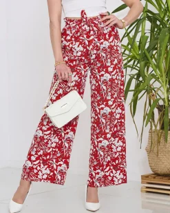 Royalfashion Damskie czerwone spodnie typu palazzo z białymi kwiatami