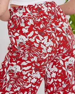 Royalfashion Damskie czerwone spodnie typu palazzo z białymi kwiatami