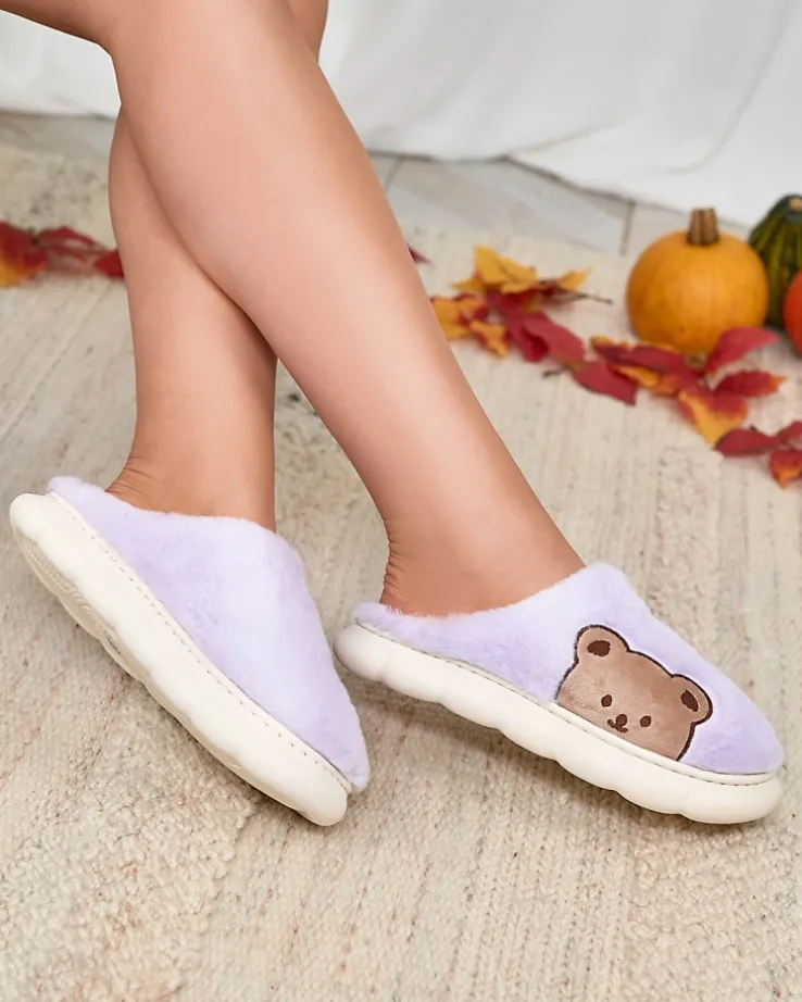 Royalfashion Damskie futrzane kapcie z misiem w kolorze fioletowym Fetemes