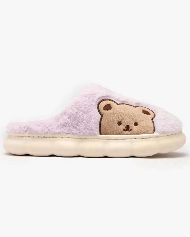 Royalfashion Damskie futrzane kapcie z misiem w kolorze fioletowym Fetemes