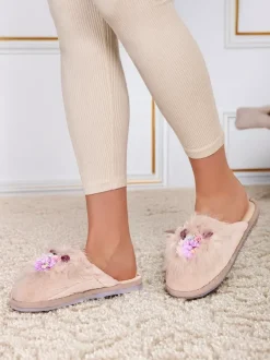 Royalfashion Damskie futrzane kapcie z kwiatami Ederra