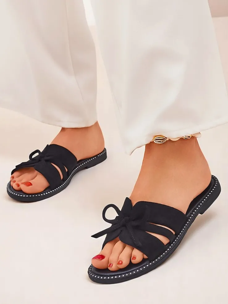 Royalfashion Damskie klapki na płaskiej podeszwie z kokardką Gerber