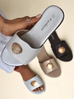 Royalfashion Damskie klapki na płaskiej podeszwie Golden Slip