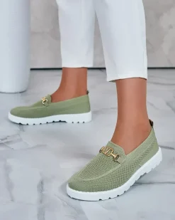 Royalfashion Damskie materiałowe mokasyny ze złotą ozdobą Erticae