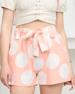Royalfashion Damskie materiałowe koralowe krótkie spodenki w duże groszki
