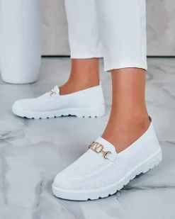 Royalfashion Damskie materiałowe mokasyny ze złotą ozdobą Erticae