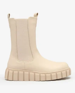 Royalfashion Damskie wysokie botki na płaskim obcasie w kolorze ecru Elicane