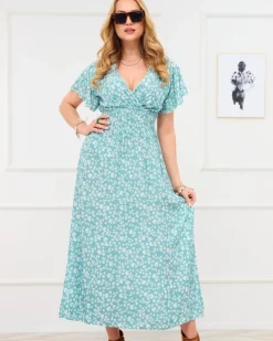 Royalfashion Długa zielona damska sukienka z kwiecistym motywem
