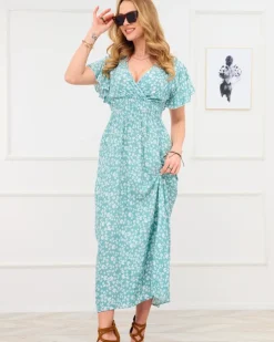 Royalfashion Długa zielona damska sukienka z kwiecistym motywem