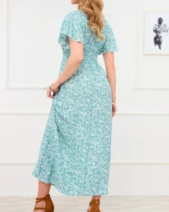 Royalfashion Długa zielona damska sukienka z kwiecistym motywem