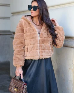 Royalfashion Dwustronna kurtka damska z futerkiem w kolorze jasnobrązowym