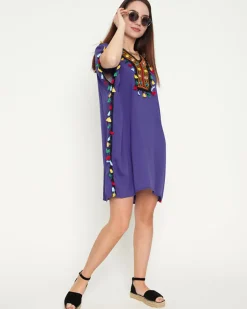 Royalfashion Fioletowa damska letnia tunika plażowa z frędzelkami