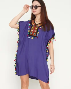 Royalfashion Fioletowa damska letnia tunika plażowa z frędzelkami