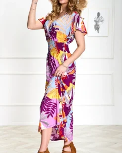 Royalfashion Fioletowa damska długa sukienka z roślinnym printem