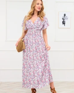 Royalfashion Fioletowa damska sukienka maxi w kwiaty