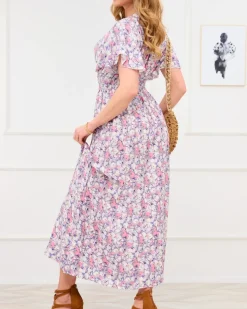 Royalfashion Fioletowa damska sukienka maxi w kwiaty