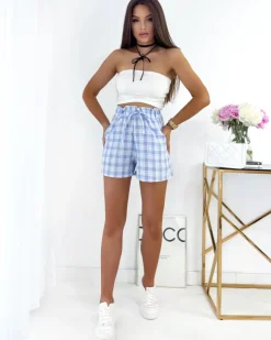 Royalfashion Fioletowo - niebieskie krótkie spodenki damskie w kratę