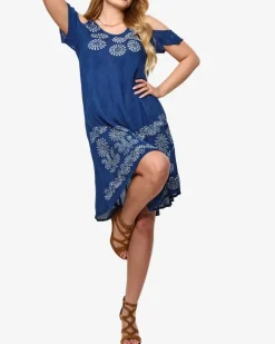 Royalfashion Granatowa damska plażowa sukienka w kwiaty