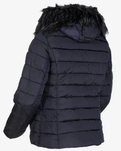 Royalfashion Granatowa damska kurtka pikowana z kapturem i futerkiem