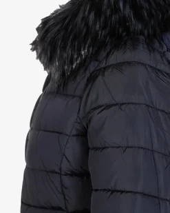 Royalfashion Granatowa damska kurtka pikowana z kapturem i futerkiem