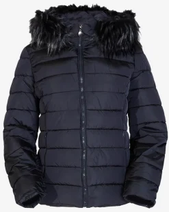 Royalfashion Granatowa damska kurtka pikowana z kapturem i futerkiem