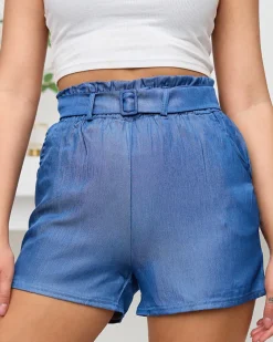 Royalfashion Granatowe damskie krótkie spodenki a'la jeans z paskiem